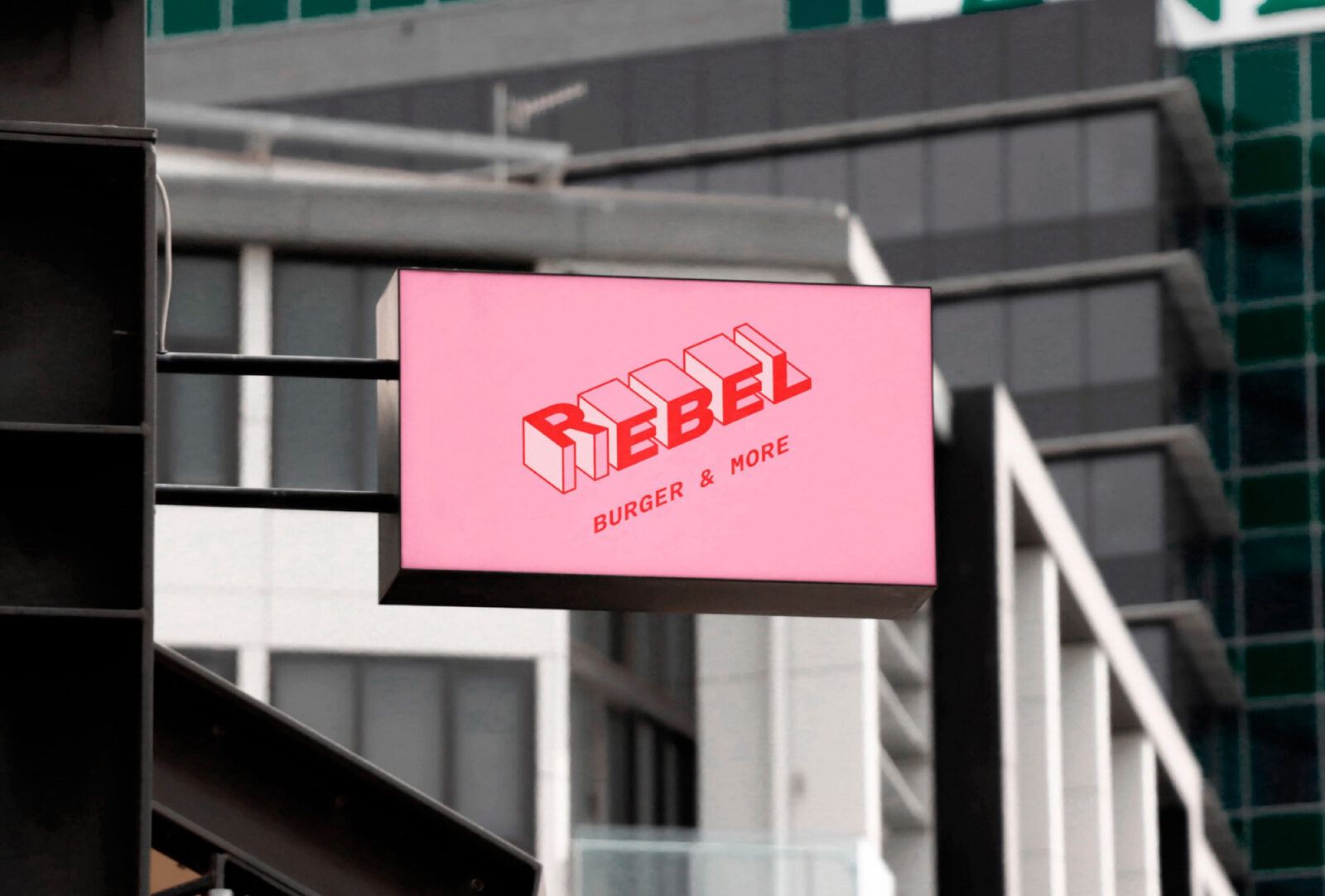 A Rebel Burger & More rózsaszín, kinyúló, téglalap alakú világító cégére